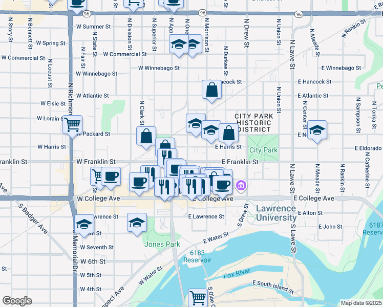 map of restaurants, bars, coffee shops, grocery stores, and more near 120 East Harris Street in Appleton