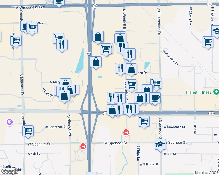 map of restaurants, bars, coffee shops, grocery stores, and more near 513 North Westhill Boulevard in Appleton