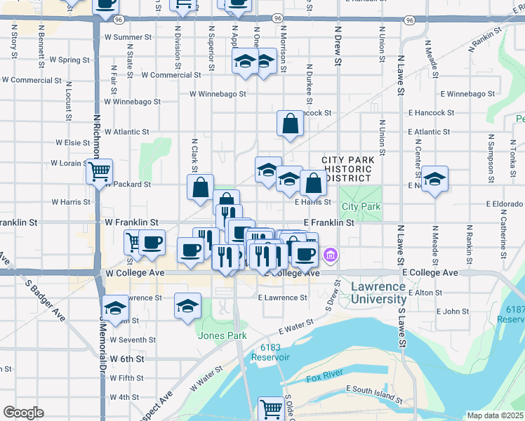 map of restaurants, bars, coffee shops, grocery stores, and more near 120 East Harris Street in Appleton