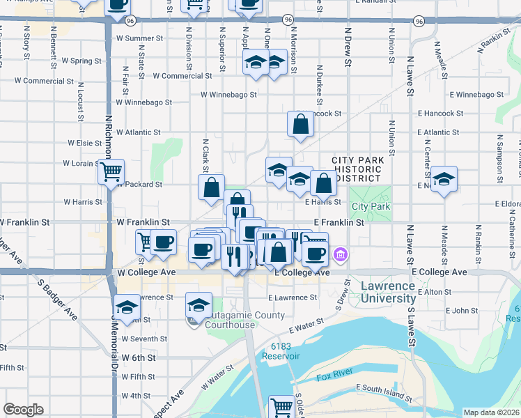 map of restaurants, bars, coffee shops, grocery stores, and more near 116 W Harris St in Appleton
