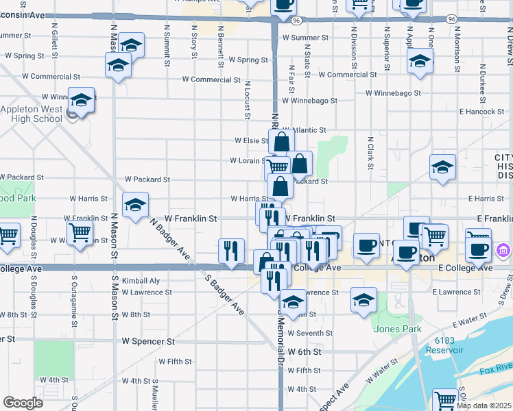 map of restaurants, bars, coffee shops, grocery stores, and more near 802 West Harris Street in Appleton