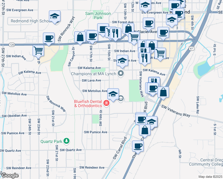 map of restaurants, bars, coffee shops, grocery stores, and more near 1272 Southwest 15th Street in Redmond