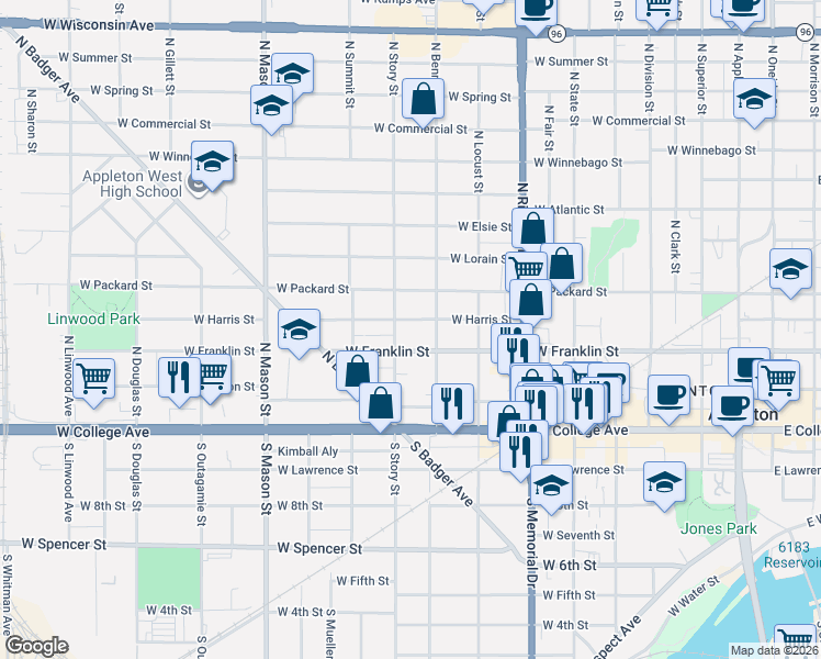 map of restaurants, bars, coffee shops, grocery stores, and more near 932 West Harris Street in Appleton
