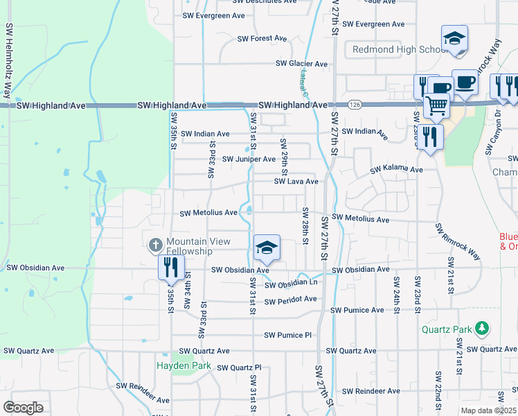 map of restaurants, bars, coffee shops, grocery stores, and more near 1233 Southwest 31st Street in Redmond