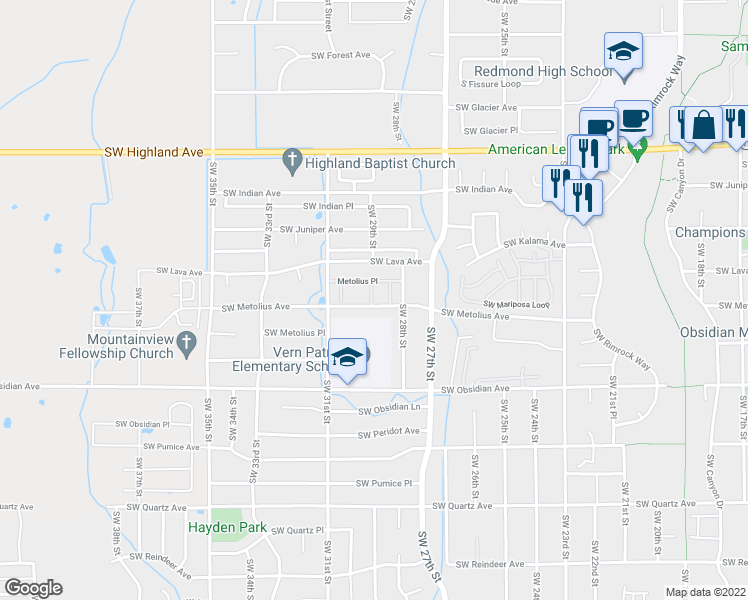 map of restaurants, bars, coffee shops, grocery stores, and more near 33 Southwest 29th Street in Redmond