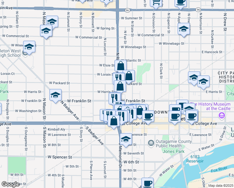 map of restaurants, bars, coffee shops, grocery stores, and more near 703 West Harris Street in Appleton