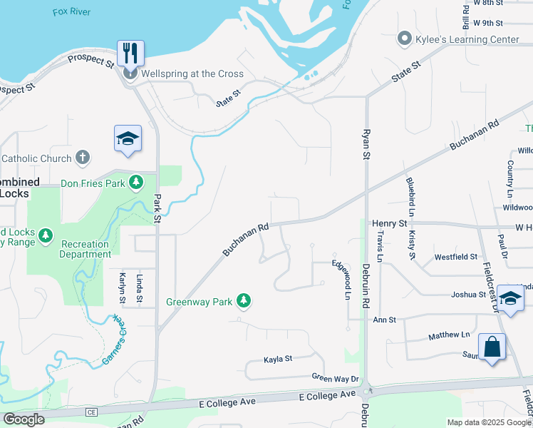 map of restaurants, bars, coffee shops, grocery stores, and more near 512 Buchanan Road in Combined Locks