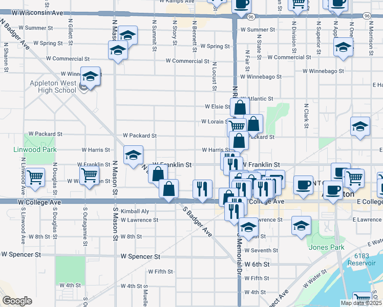 map of restaurants, bars, coffee shops, grocery stores, and more near 832 West Harris Street in Appleton