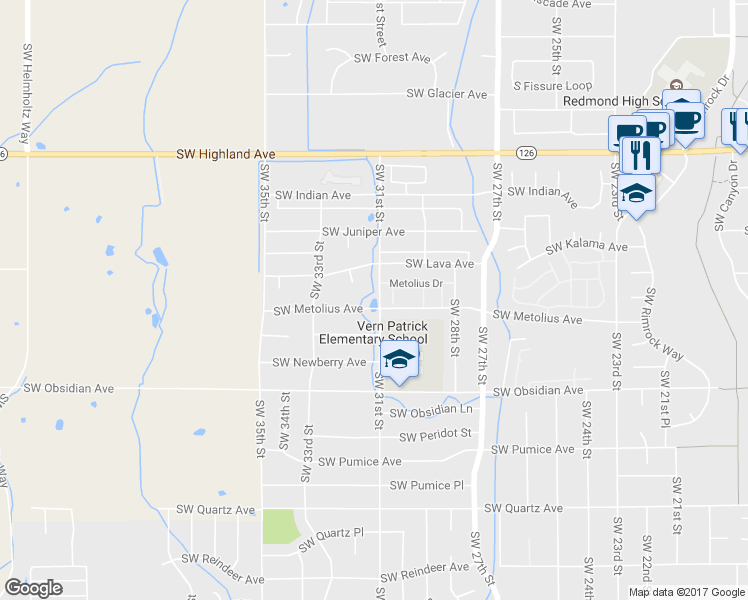 map of restaurants, bars, coffee shops, grocery stores, and more near 1233 Southwest 31st Street in Redmond