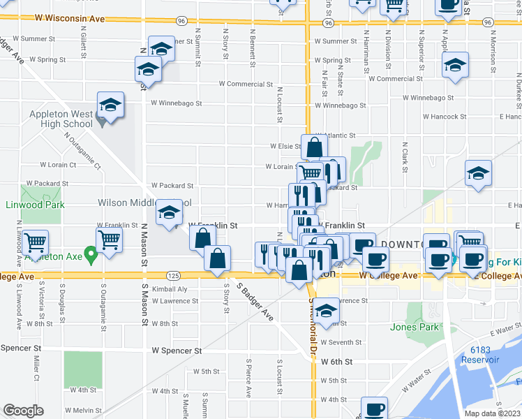 map of restaurants, bars, coffee shops, grocery stores, and more near 827 West Harris Street in Appleton