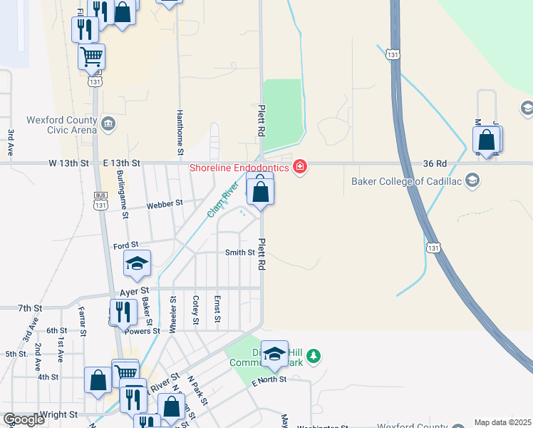 map of restaurants, bars, coffee shops, grocery stores, and more near 1201-1299 Plett Rd in Cadillac