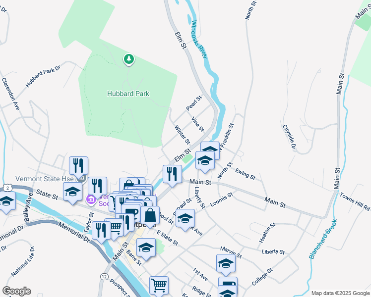 map of restaurants, bars, coffee shops, grocery stores, and more near 208 Elm Street in Montpelier