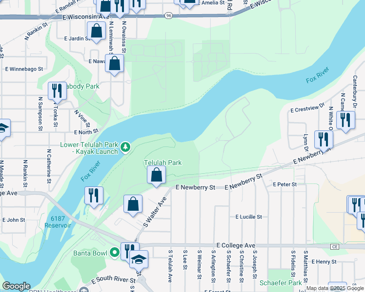 map of restaurants, bars, coffee shops, grocery stores, and more near 1300 East Newberry Street in Appleton