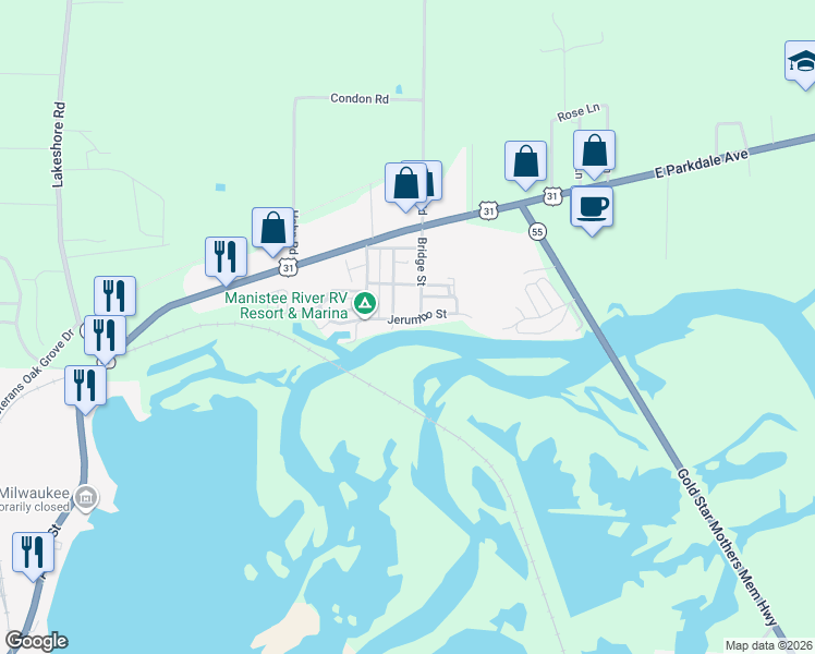 map of restaurants, bars, coffee shops, grocery stores, and more near 15 Bridge Street in Manistee