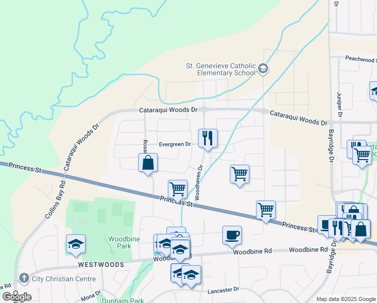 map of restaurants, bars, coffee shops, grocery stores, and more near 1505 Crimson Crescent in Kingston
