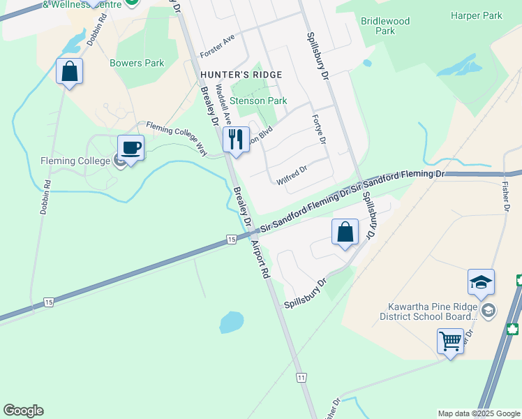 map of restaurants, bars, coffee shops, grocery stores, and more near 520 Brealey Drive in Peterborough
