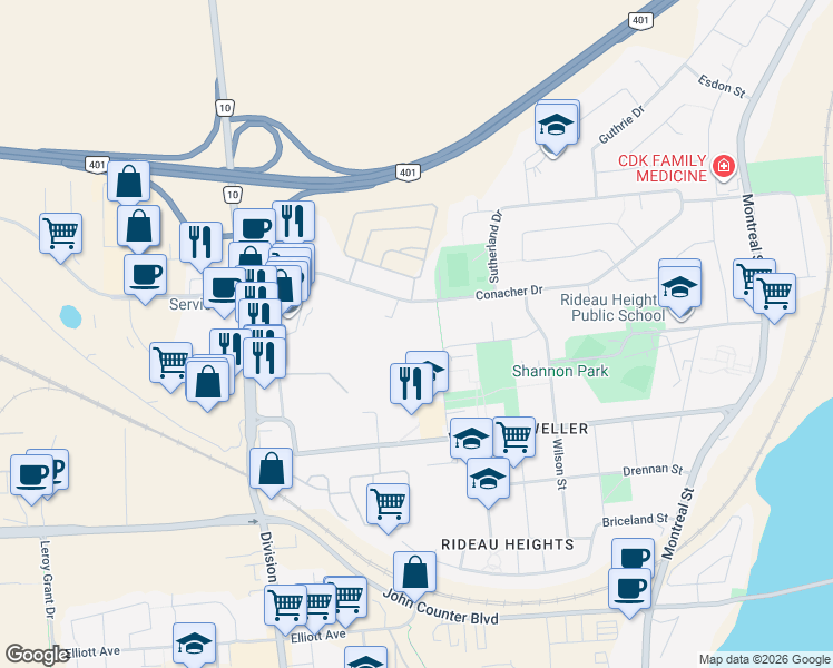 map of restaurants, bars, coffee shops, grocery stores, and more near 107 Compton Street in Kingston
