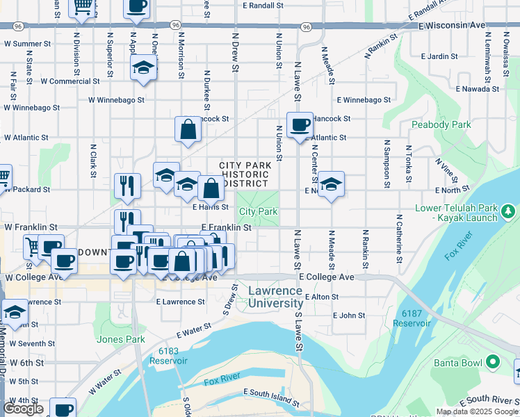 map of restaurants, bars, coffee shops, grocery stores, and more near 500 East Franklin Avenue in Neenah