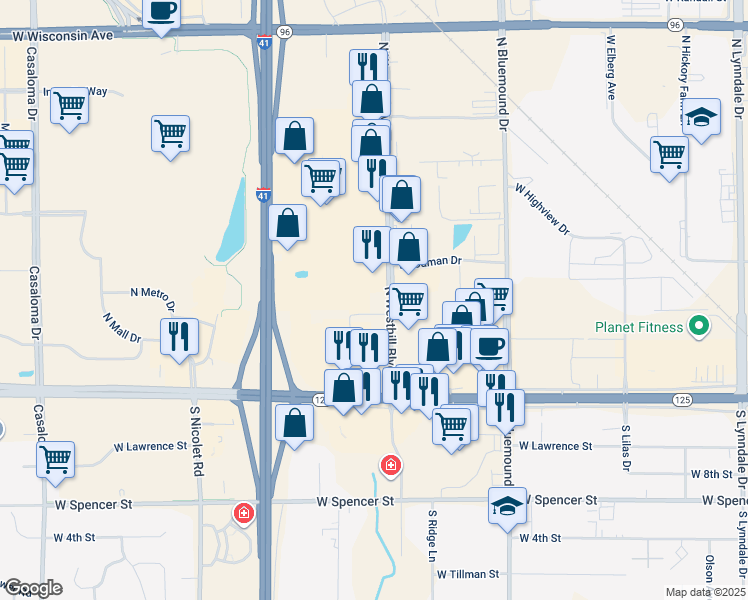 map of restaurants, bars, coffee shops, grocery stores, and more near 513-573 North Westhill Boulevard in Appleton