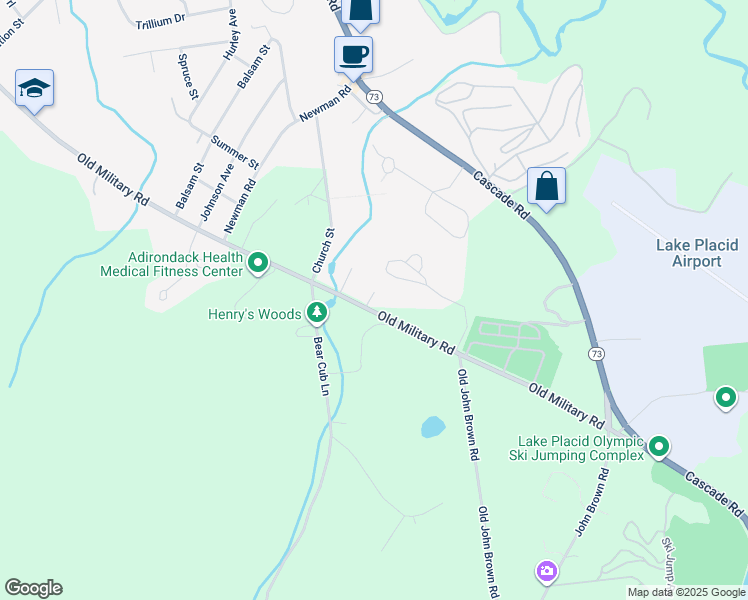map of restaurants, bars, coffee shops, grocery stores, and more near 136 Old Military Road in Lake Placid