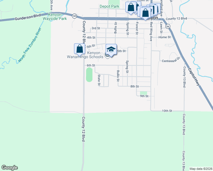 map of restaurants, bars, coffee shops, grocery stores, and more near 724 Washington Street in Kenyon