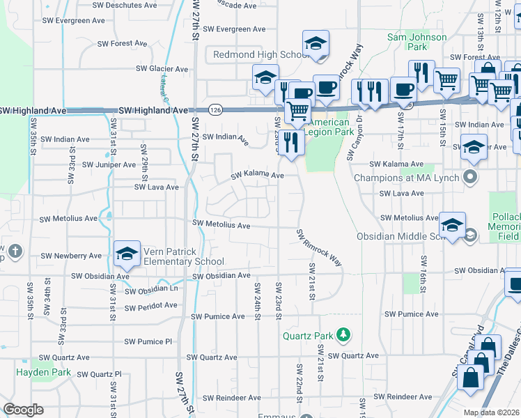 map of restaurants, bars, coffee shops, grocery stores, and more near 1260 Southwest Salsify Lane in Redmond