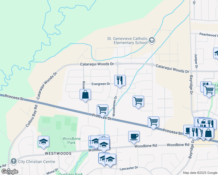 map of restaurants, bars, coffee shops, grocery stores, and more near 1505 Crimson Crescent in Kingston