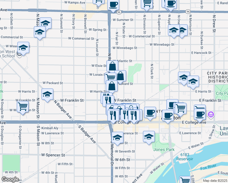 map of restaurants, bars, coffee shops, grocery stores, and more near 400 North Richmond Street in Appleton