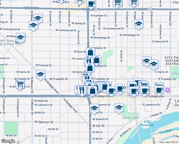 map of restaurants, bars, coffee shops, grocery stores, and more near 703 West Harris Street in Appleton