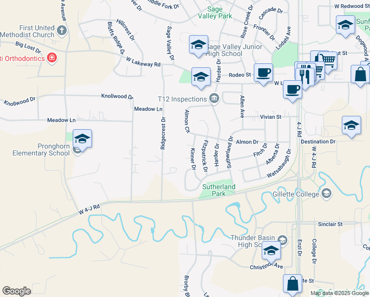 map of restaurants, bars, coffee shops, grocery stores, and more near 1105 Jason Court in Gillette