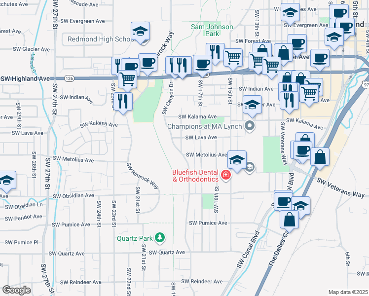 map of restaurants, bars, coffee shops, grocery stores, and more near 1242 Southwest 18th Street in Redmond
