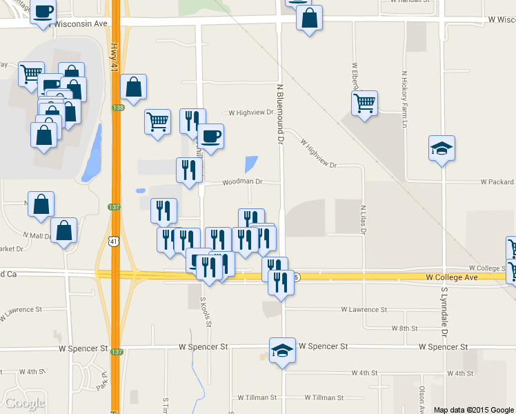 map of restaurants, bars, coffee shops, grocery stores, and more near 35 Bluemound Court in Appleton