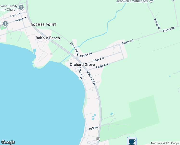 map of restaurants, bars, coffee shops, grocery stores, and more near 5 Evelyn Avenue in Georgina