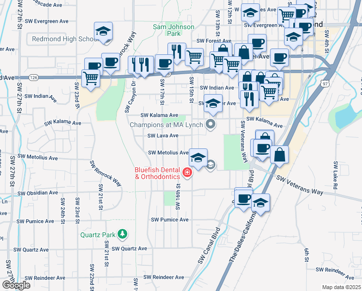 map of restaurants, bars, coffee shops, grocery stores, and more near 1238 Southwest 16th Street in Redmond