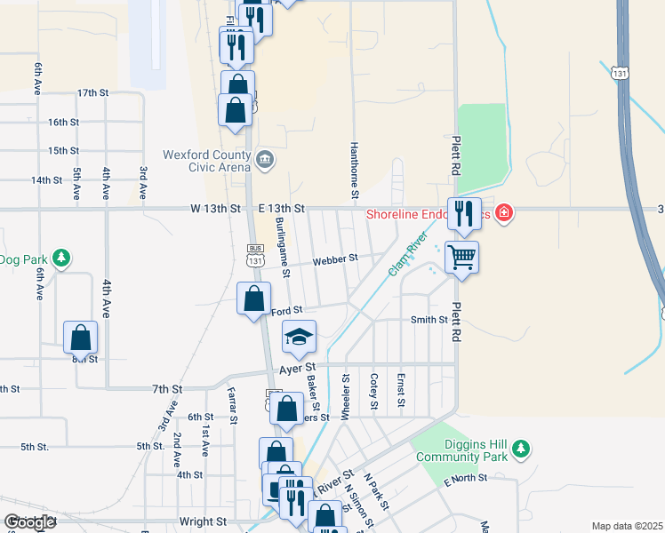 map of restaurants, bars, coffee shops, grocery stores, and more near 300-398 Webber Street in Cadillac