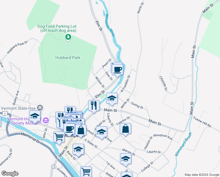map of restaurants, bars, coffee shops, grocery stores, and more near 235 Elm Street in Montpelier