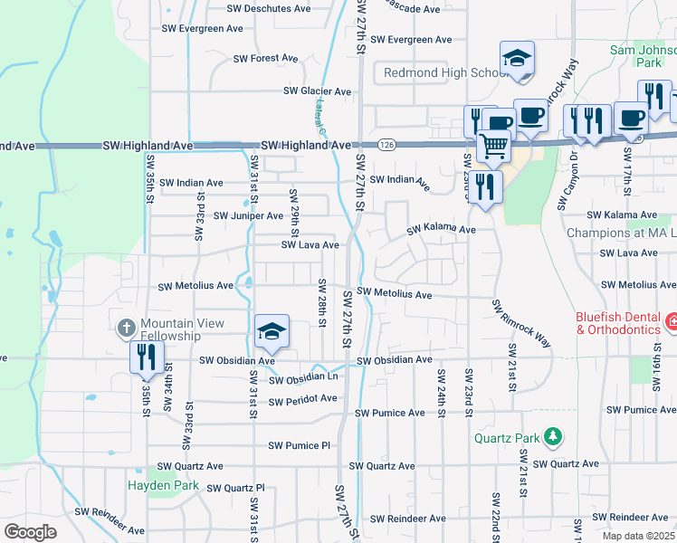 map of restaurants, bars, coffee shops, grocery stores, and more near 1235 Southwest 27th Street in Redmond