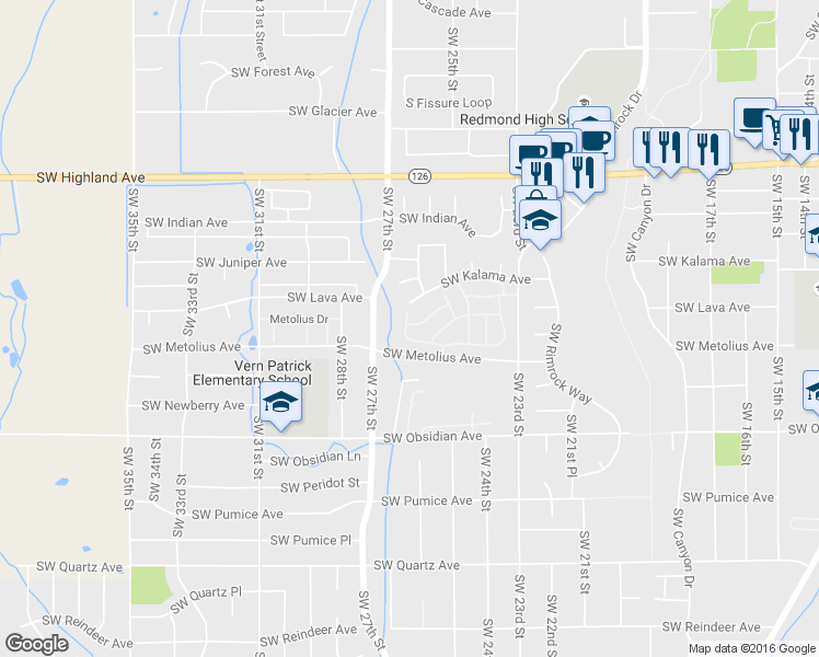 map of restaurants, bars, coffee shops, grocery stores, and more near 2640 Southwest Evening Primrose Lane in Redmond