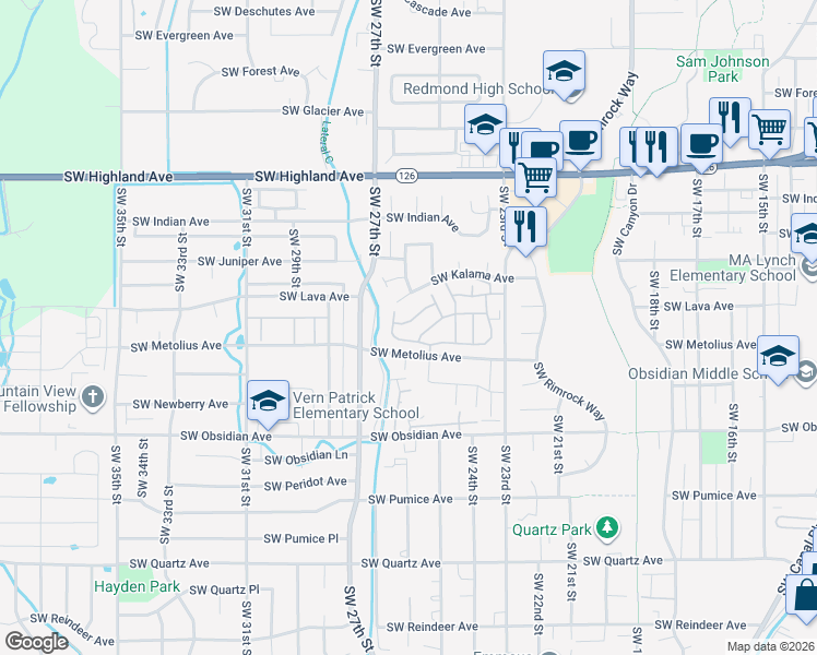 map of restaurants, bars, coffee shops, grocery stores, and more near 2640 Southwest Evening Primrose Lane in Redmond
