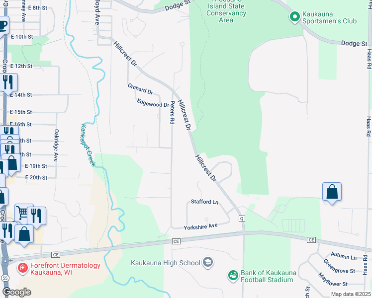 map of restaurants, bars, coffee shops, grocery stores, and more near 1717 Hillcrest Dr in Kaukauna