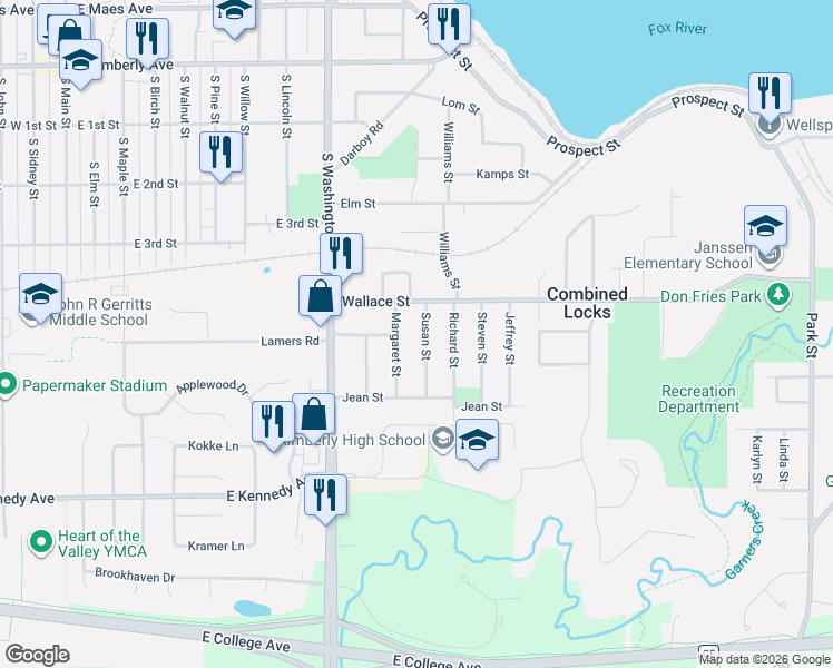 map of restaurants, bars, coffee shops, grocery stores, and more near 511 Margaret Street in Combined Locks