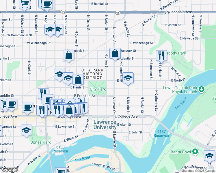 map of restaurants, bars, coffee shops, grocery stores, and more near 600 East Eldorado Street in Appleton