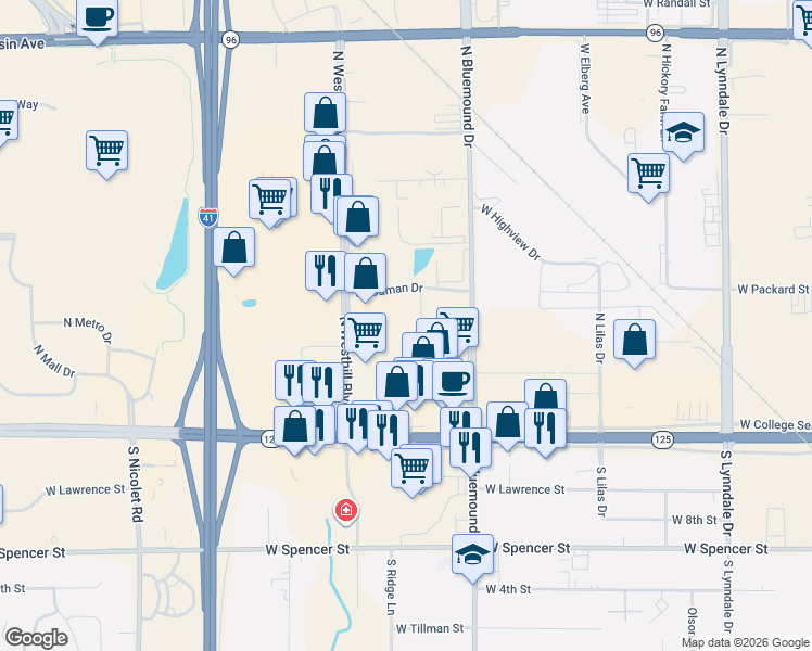 map of restaurants, bars, coffee shops, grocery stores, and more near 35 Bluemound Court in Appleton