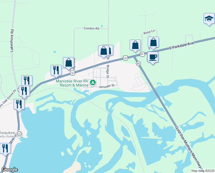 map of restaurants, bars, coffee shops, grocery stores, and more near 15 Bridge Street in Manistee