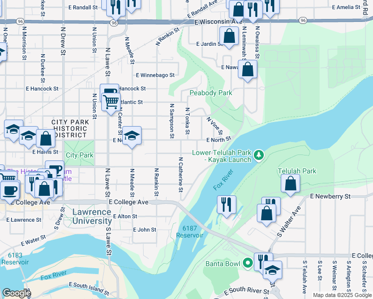 map of restaurants, bars, coffee shops, grocery stores, and more near 1008 E Eldorado St in Appleton