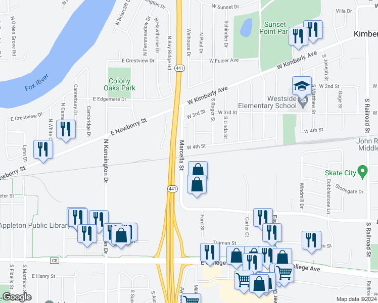 map of restaurants, bars, coffee shops, grocery stores, and more near 1511 West 4th Street in Kimberly