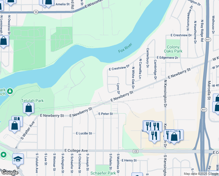 map of restaurants, bars, coffee shops, grocery stores, and more near 55 East Crestview Drive in Appleton