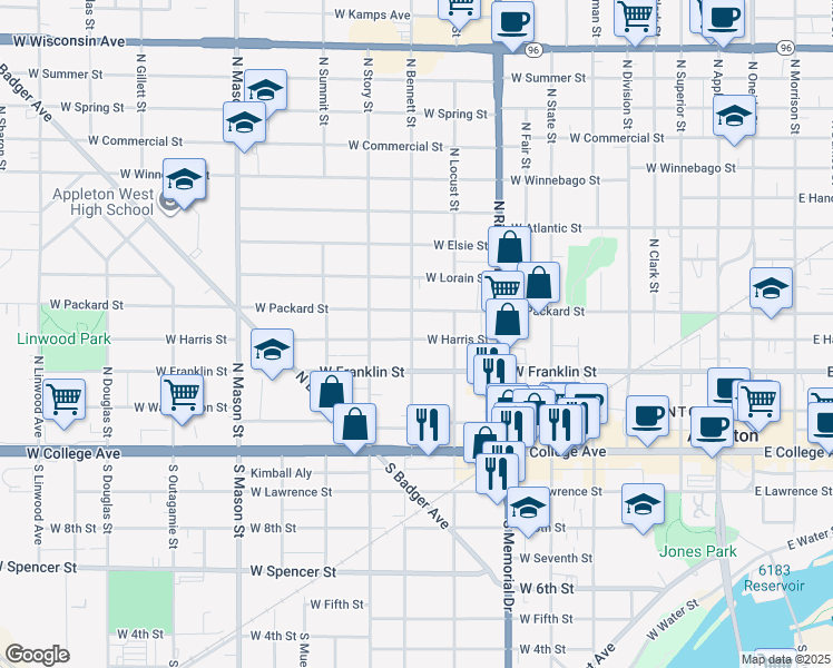 map of restaurants, bars, coffee shops, grocery stores, and more near 832 West Harris Street in Appleton