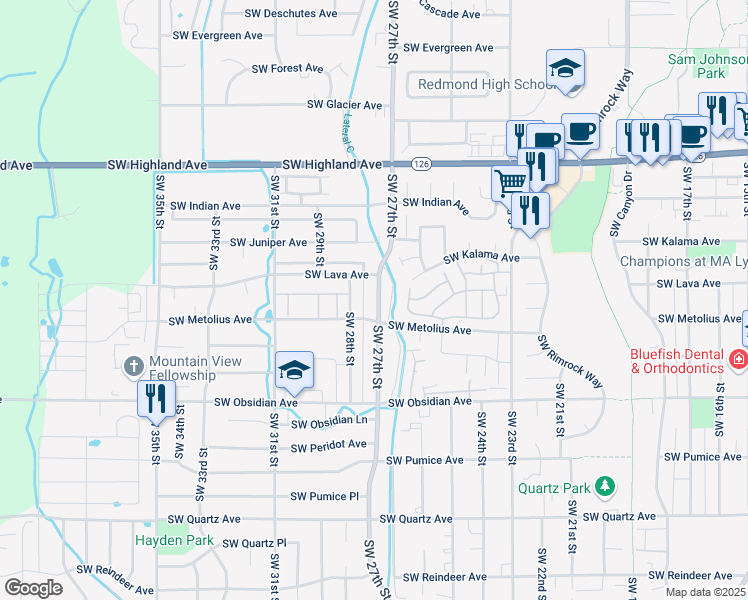 map of restaurants, bars, coffee shops, grocery stores, and more near 1235 Southwest 27th Street in Redmond