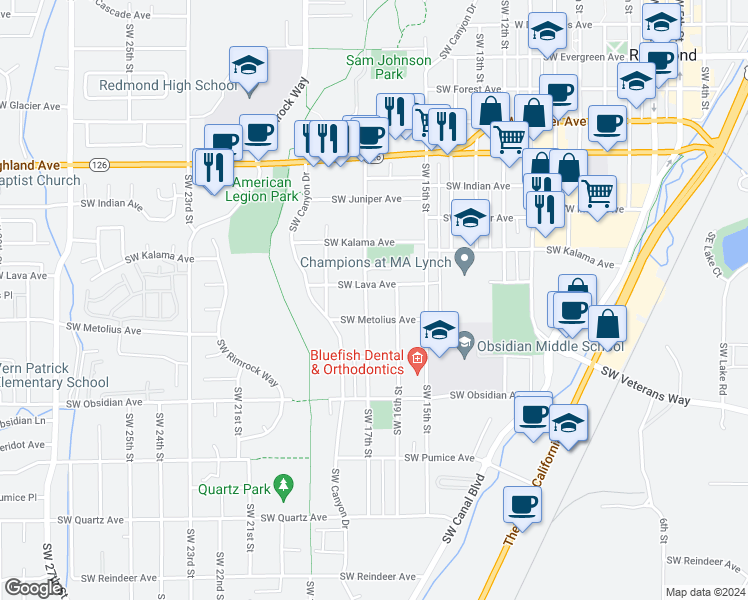 map of restaurants, bars, coffee shops, grocery stores, and more near 1228 Southwest 17th Street in Redmond